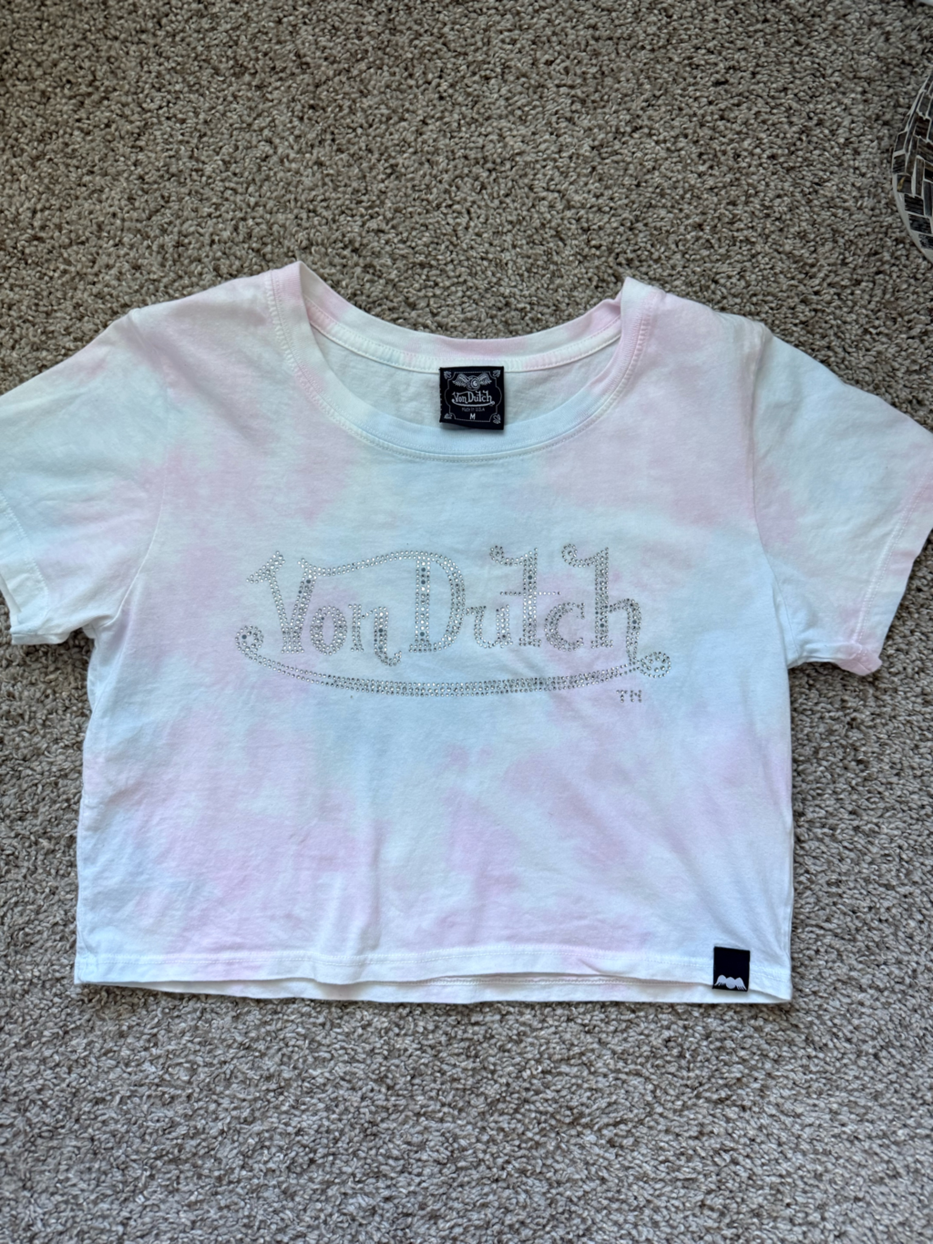 Von Dutch White & Light Pink Tie-Dye Rhinestone Logo Baby Tee